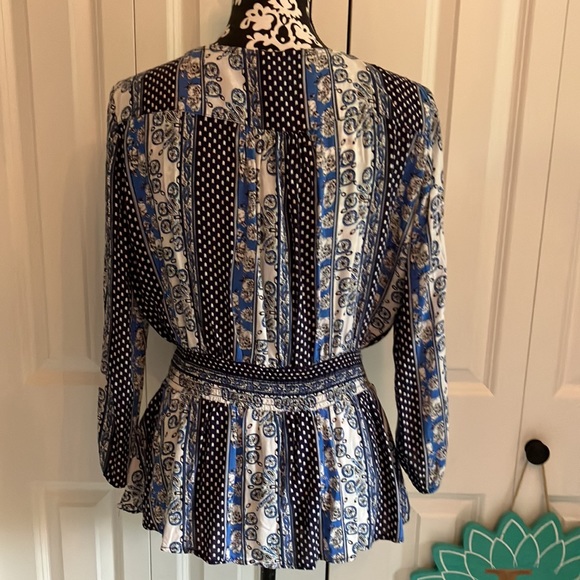 Fun black & white, white & blue & black, blue, white & black patchwork boho top - Picture 4 of 16